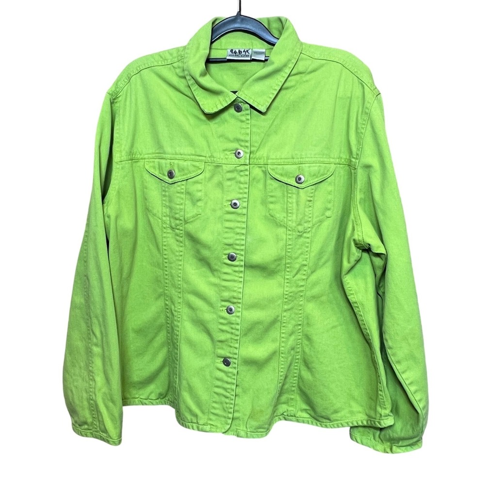 Chico's Women's Chartreuse Cotton Denim Jacket Size 3 Button Front Long Sleeve